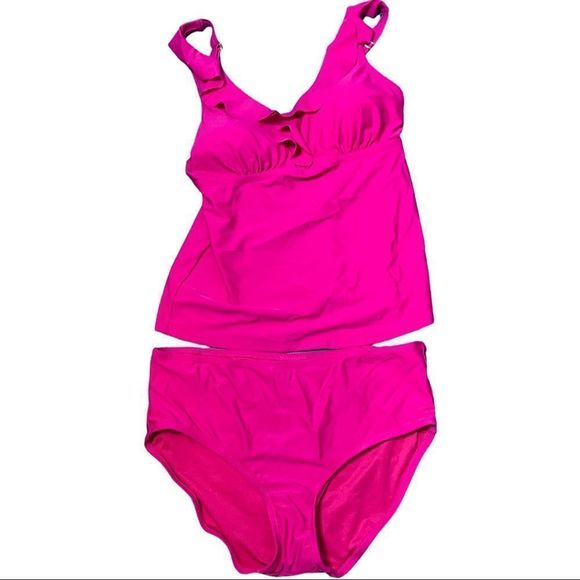 ☀️☀️☀️ DKNY FUSCIA Ruffle Tankini with Full Coverage Bottom - Picture 6 of 12